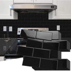 imageArt3d Peel and Stick Backsplash 10Pack Thickened Stick on Subway Tiles Faux Ceramic Tiles for Kitchen Bathroom White with Black GroutGlossy Black