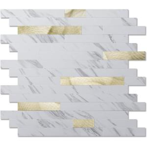 imageArt3d 10Sheet Peel and Stick Stone Overlay Kitchen Backsplash Tile  Volakas White Embellished with Metal GoldWhite Slate with Gold Studded