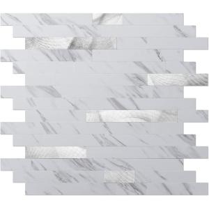 imageArt3d 10Sheet Peel and Stick Stone Overlay Kitchen Backsplash Tile  Volakas White Embellished with Metal GoldWhite Slate with Silver Studded