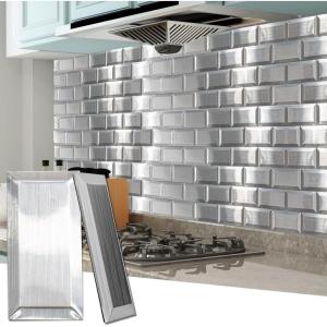 imageArt3d 100Pieces Peel and Stick Tile Kitchen Backsplash Metal Wall Tiles Brushed Aluminium Subway3D Stainless