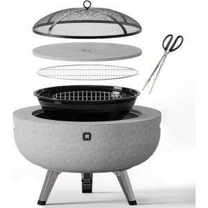 imageArt3d 256quot Round Fire Pit Combo with Foldable Legs Portable Tripod Wood Burning Fire Bowl for Barbecue Outside Patio Bonfires ampamp Heating