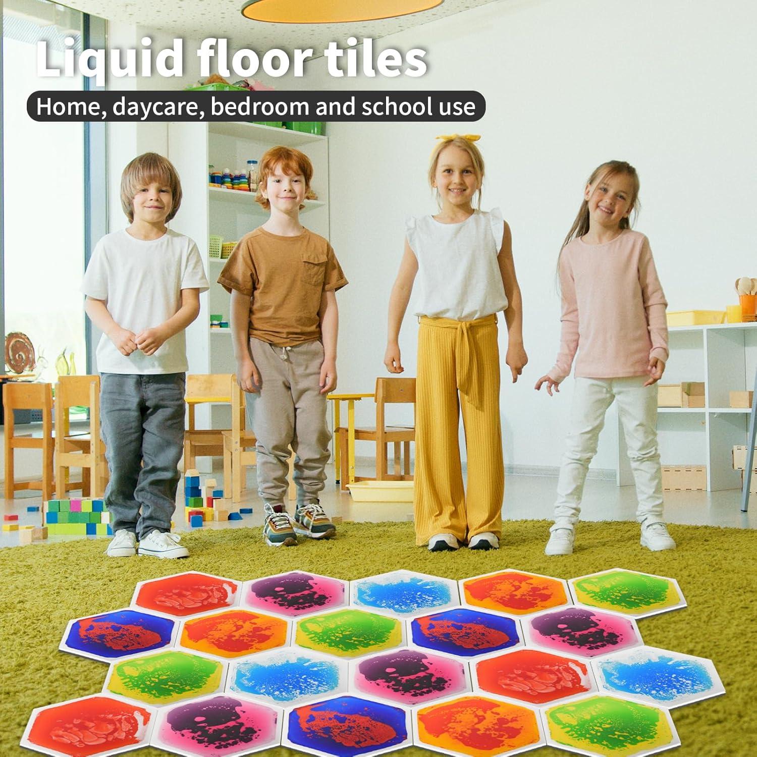 imageArt3d 4Pack Triangle Liquid Sensory Floor Tiles Colorful Liquid Fusion Play Mats for Kids Toddler 15quot x 15quotMulticoloredhexagon 1