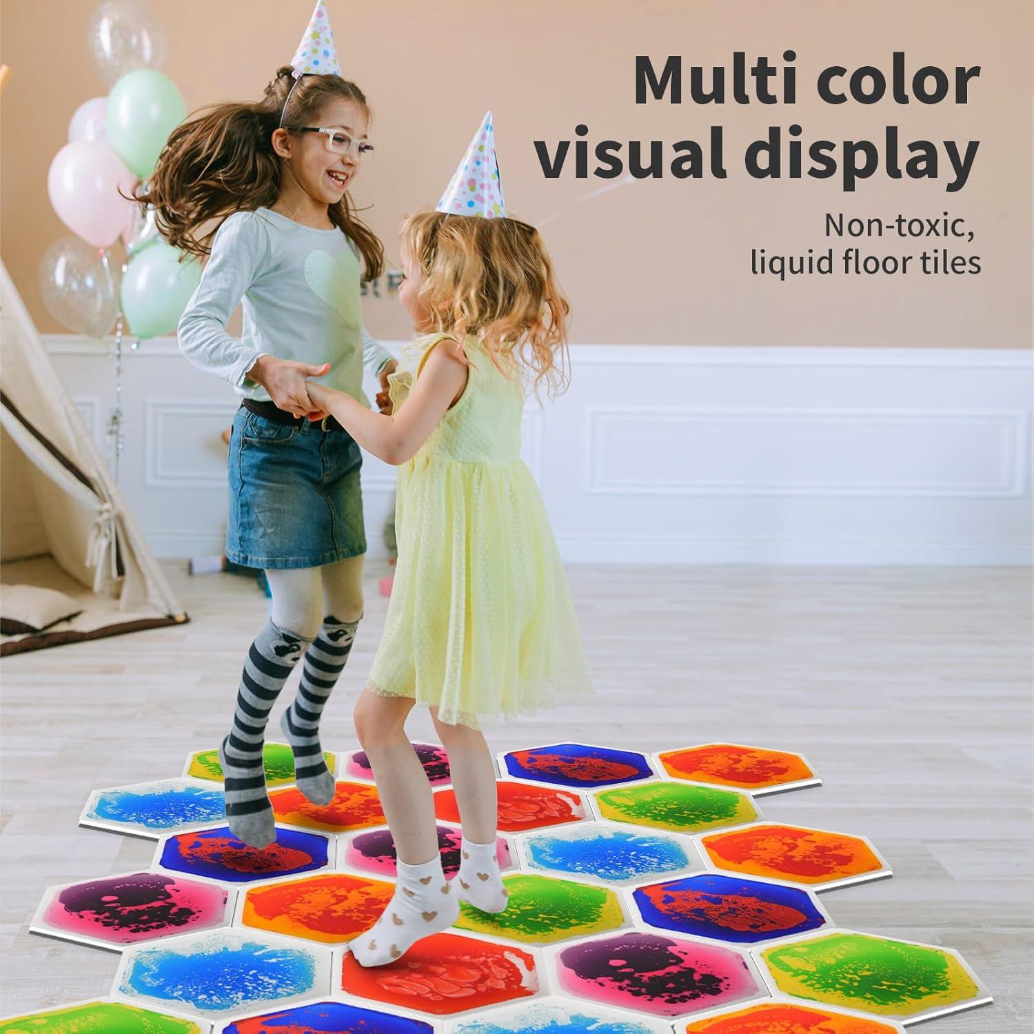 imageArt3d 4Pack Triangle Liquid Sensory Floor Tiles Colorful Liquid Fusion Play Mats for Kids Toddler 15quot x 15quotMulticoloredhexagon 1