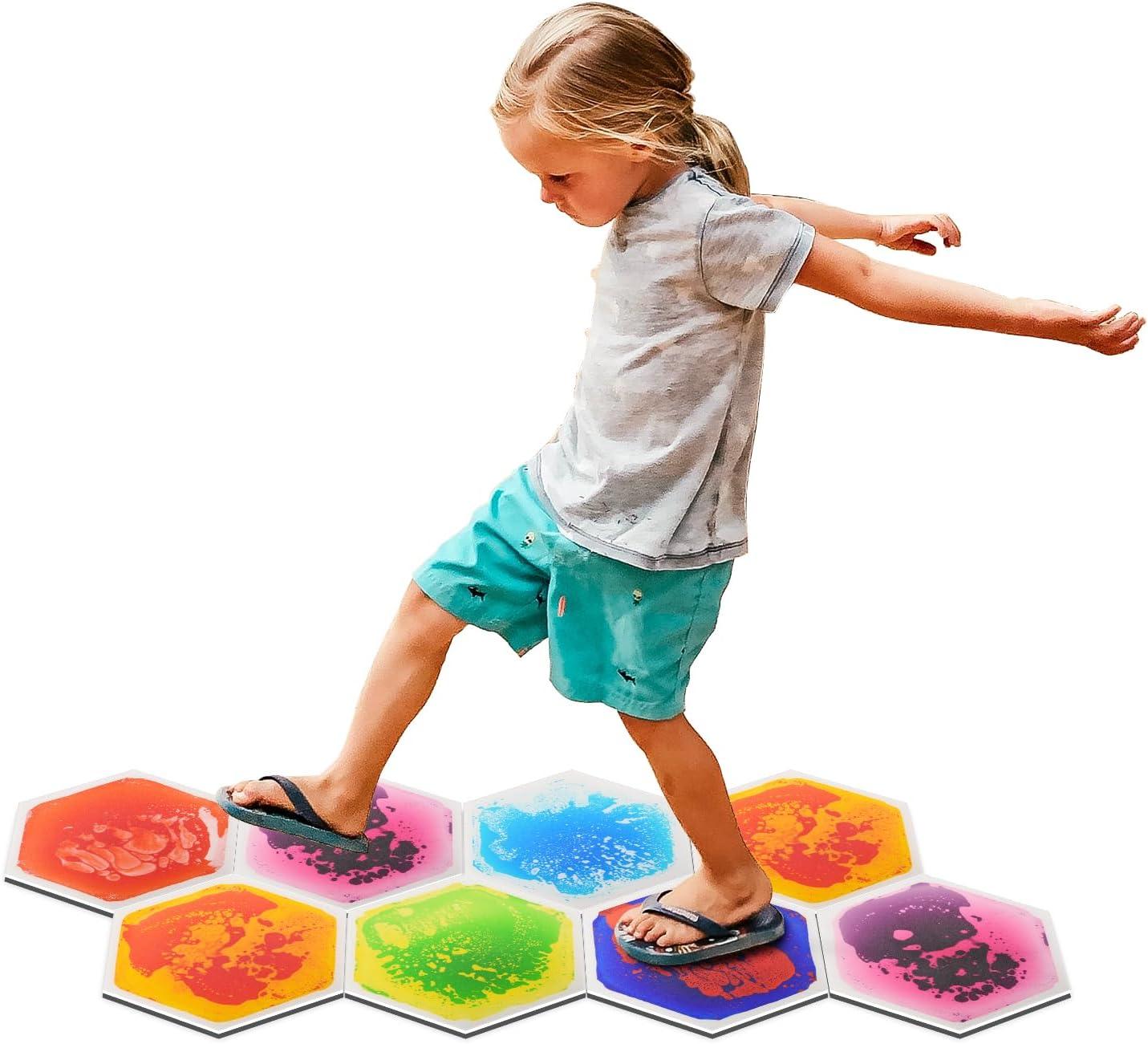 imageArt3d 4Pack Triangle Liquid Sensory Floor Tiles Colorful Liquid Fusion Play Mats for Kids Toddler 15quot x 15quotMulticoloredhexagon 1