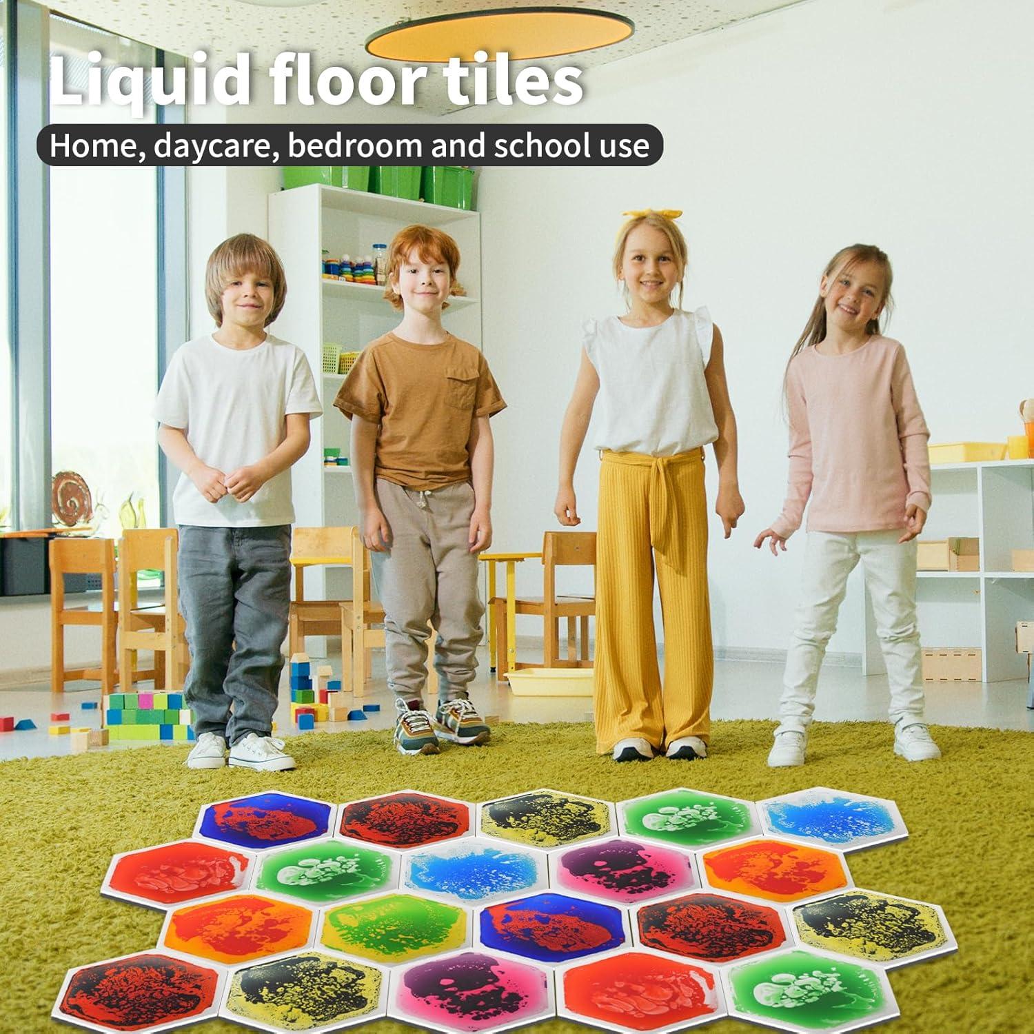 imageArt3d 4Pack Triangle Liquid Sensory Floor Tiles Colorful Liquid Fusion Play Mats for Kids Toddler 15quot x 15quotMulticoloredhexagon 2
