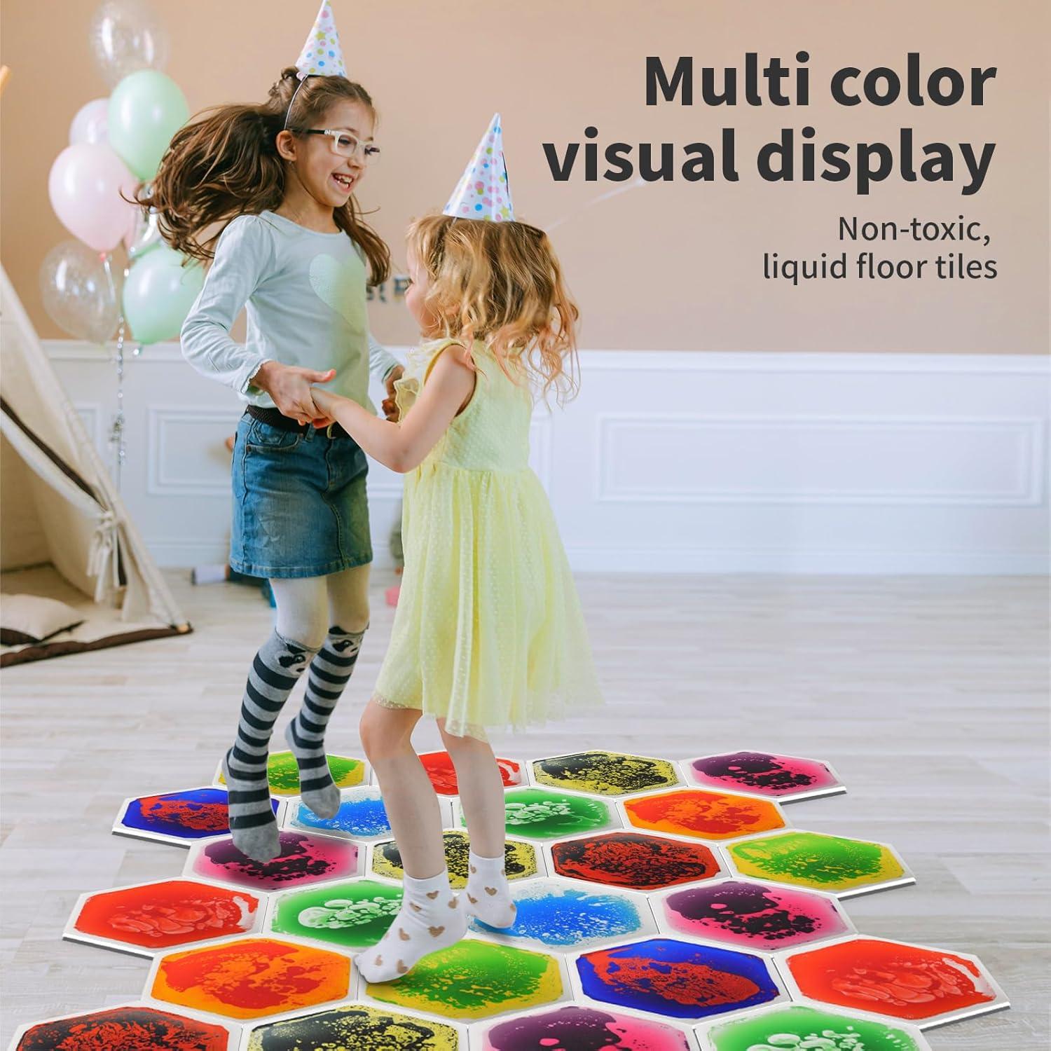 imageArt3d 4Pack Triangle Liquid Sensory Floor Tiles Colorful Liquid Fusion Play Mats for Kids Toddler 15quot x 15quotMulticoloredhexagon 2