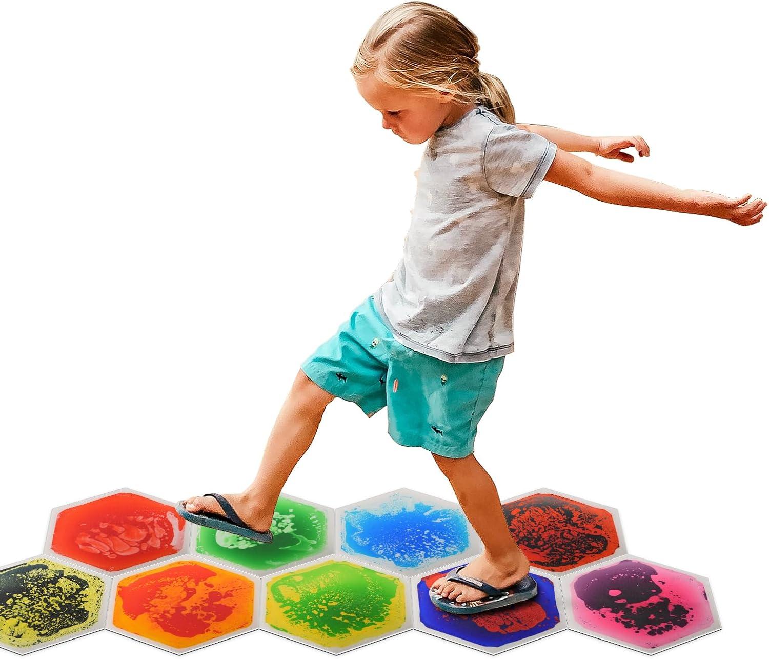 imageArt3d 4Pack Triangle Liquid Sensory Floor Tiles Colorful Liquid Fusion Play Mats for Kids Toddler 15quot x 15quotMulticoloredhexagon 2