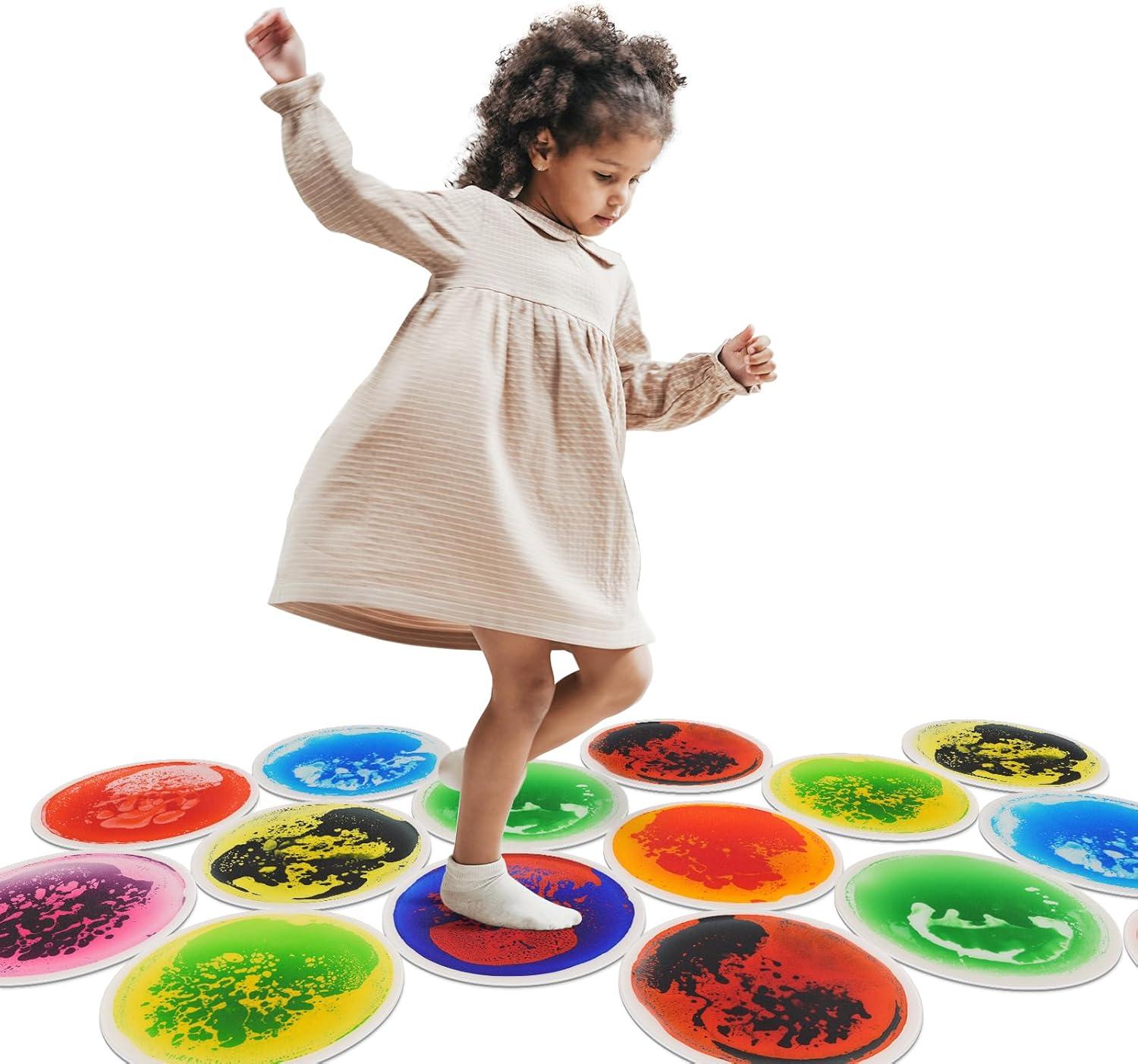 imageArt3d 4Pack Triangle Liquid Sensory Floor Tiles Colorful Liquid Fusion Play Mats for Kids Toddler 15quot x 15quotMulticoloredround 3