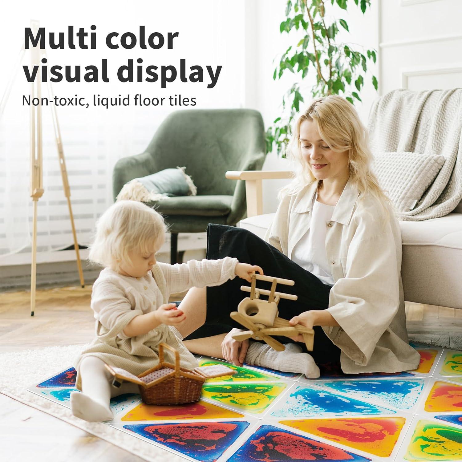imageArt3d 4Pack Triangle Liquid Sensory Floor Tiles Colorful Liquid Fusion Play Mats for Kids Toddler 15quot x 15quotMulticolortriangle 1