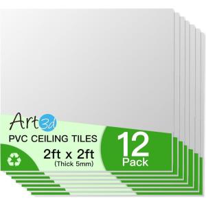 imageArt3d 24quotx24quot Smooth Drop Ceiling Tiles 48 SqFt 12Pack 2ft x 2ft PVC Tiles for Home and Office Waterproof and Reusable Plastic Ceiling WhiteWhite