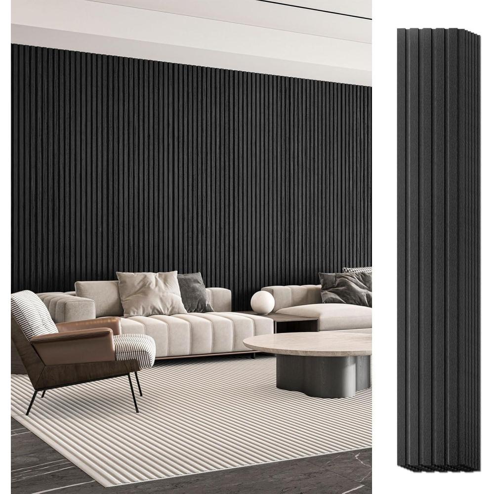 imageArt3d 6Pieces Wood Slat Panels for Stylish Interior Decor and Ceiling Decoration MDF 3D Textured Panel for Ceiling and WallSize 946 x 74 inWalnutMatte Black