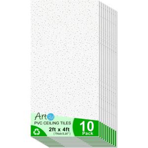 image:imageArt3d 10 Pack Smooth Drop Ceiling Tiles 24x48 Cover 80 Sqft PVC Decorative Ceiling Tiles 2x4 ft FireRated Tiles for Interior Decor Home Office Restaurant and Gym Matte Regular WhiteRetangular White