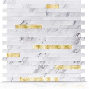 image:imageArt3d 10Sheet Peel and Stick Backsplash Tile for Kitchen Bathroom Fireplace Laundry Room in Distressed WoodVolakas White  Metal Gold