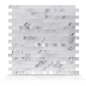 image:imageArt3d 10Sheet Peel and Stick Backsplash Tile for Kitchen Bathroom Fireplace Laundry Room in Distressed WoodVolakas White  Metal Silver