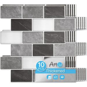 image:imageArt3d Peel and Stick Black with Silver Grout Wall Tiles  10Pack of 12 x12 Thickened Design Backsplash SelfAdhesive Tile for Kitchen amp Bathroom DecorGranite