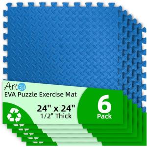 image:imageArt3d 6 Pack 24 x 24 EVA Interlocking Exercise Mats 12 Thick Foam Puzzle Flooring for Workout Gym Equipments Training Areas 24 SqFT BlackBlue