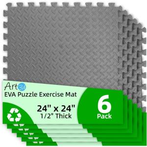 image:imageArt3d 6 Pack 24 x 24 EVA Interlocking Exercise Mats 12 Thick Foam Puzzle Flooring for Workout Gym Equipments Training Areas 24 SqFT BlackGrey