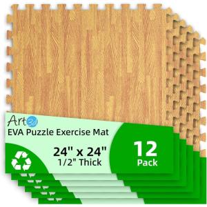 image:imageArt3d 6 Pack 24 x 24 EVA Interlocking Exercise Mats 12 Thick Foam Puzzle Flooring for Workout Gym Equipments Training Areas 24 SqFT BlackTeak